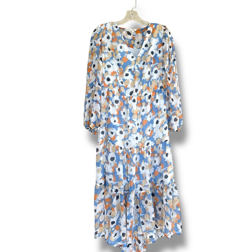 Joie Blue/Coral Floral Tiered Flowy Boho Prairie Dress W High-Low Hem Size XS - Picture 2 of 15